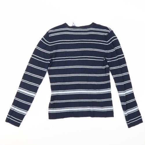 Faded Glory Women Blue Striped V-Neck Lace-Up Pullover Jumper M