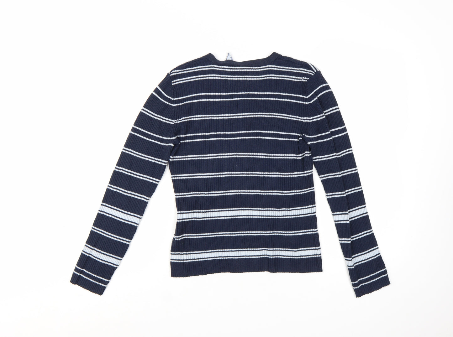 Faded Glory Women Blue Striped V-Neck Lace-Up Pullover Jumper M