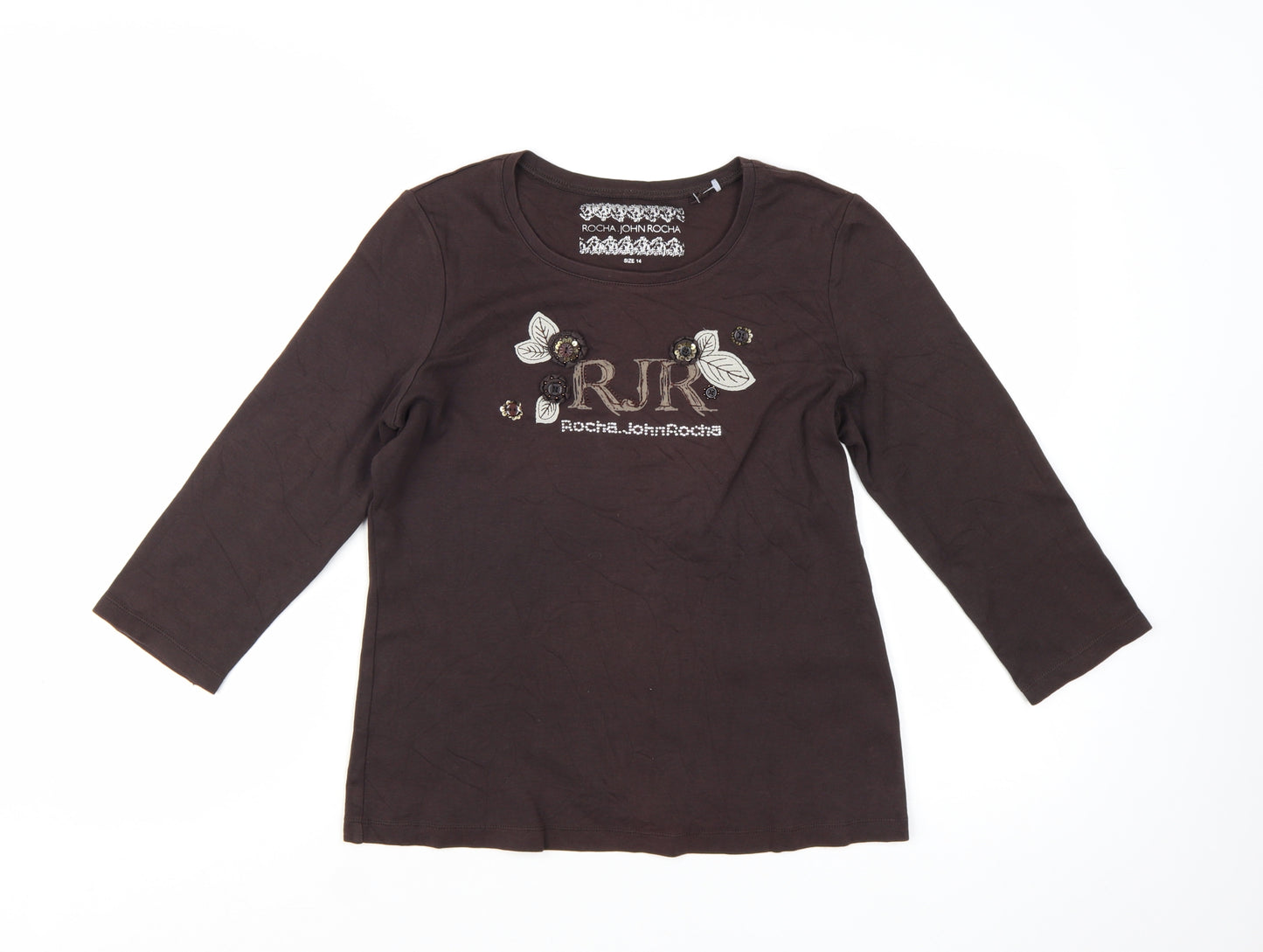 Rocha.John Rocha Women Brown 3/4 Sleeve Cotton Top Size 14