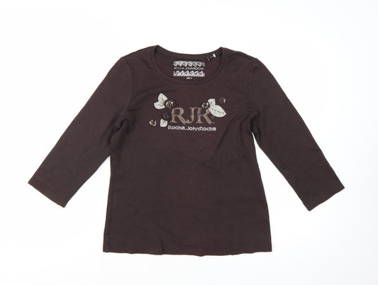 Rocha.John Rocha Women Brown 3/4 Sleeve Cotton Top Size 14