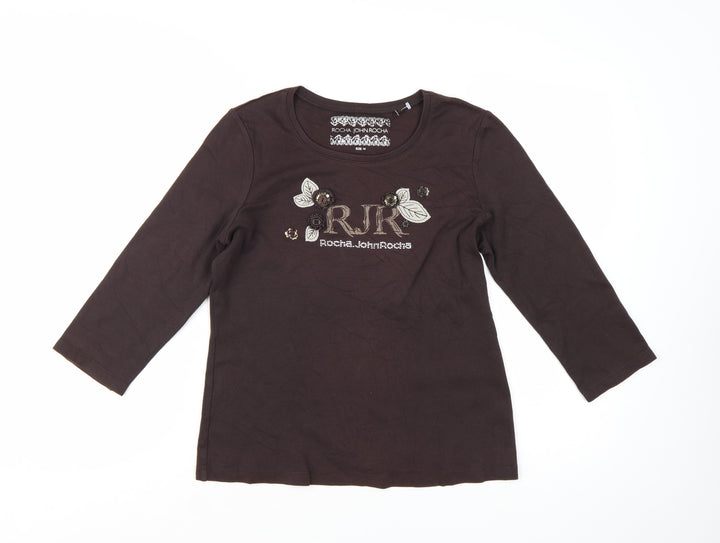 Rocha.John Rocha Women Brown 3/4 Sleeve Cotton Top Size 14