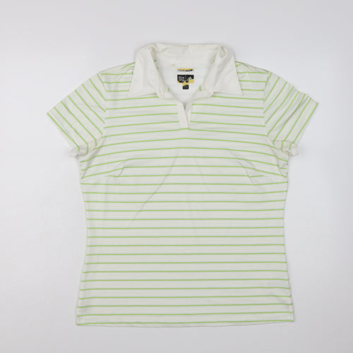 Adidas Womens White Green Striped Polo Shirt Size L ClimaCool