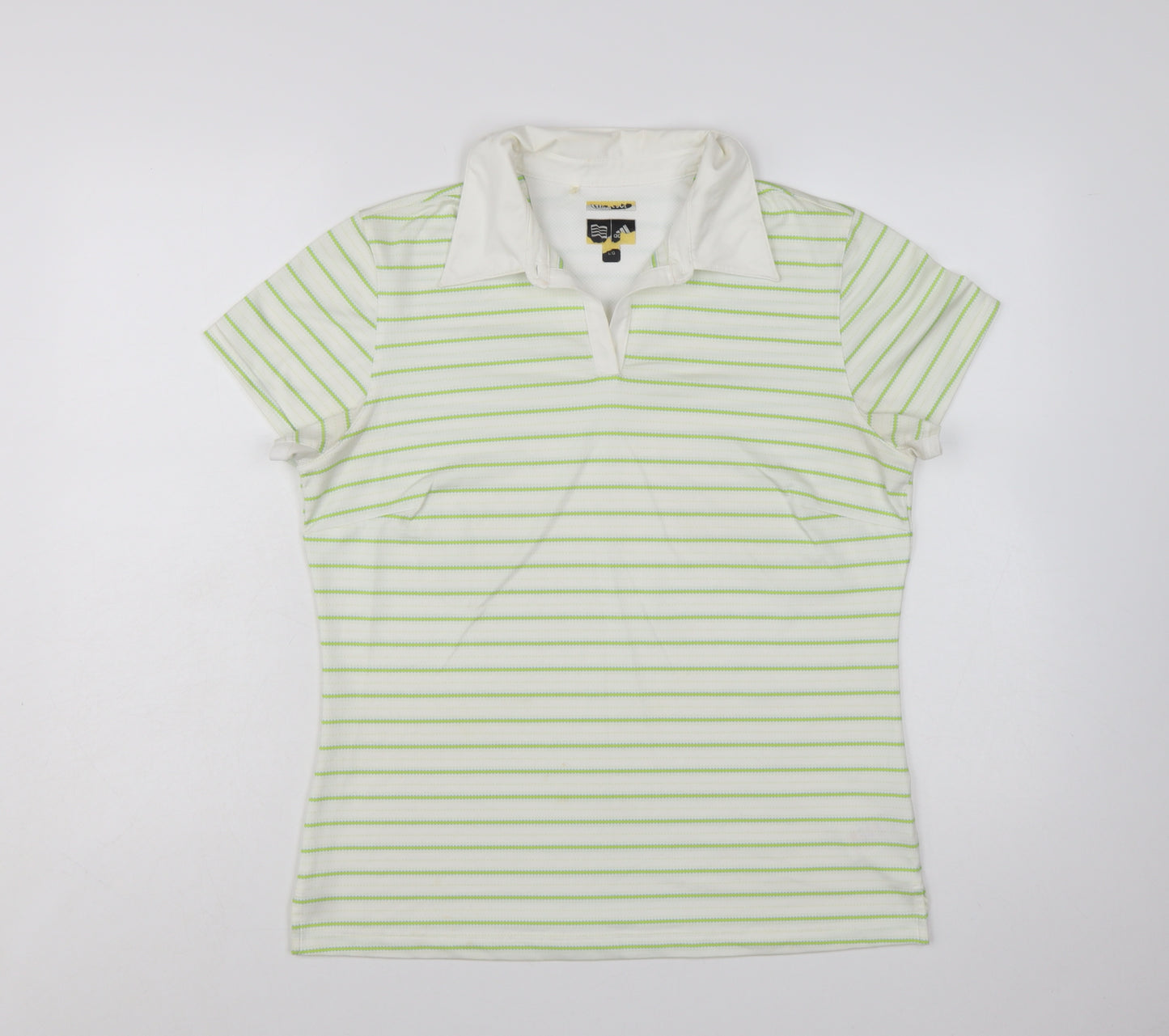 Adidas Womens White Green Striped Polo Shirt Size L ClimaCool