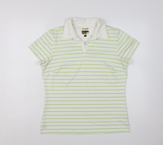 Adidas Womens White Green Striped Polo Shirt Size L ClimaCool