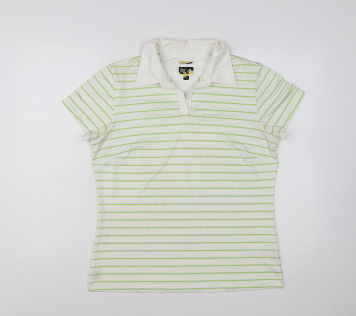 Adidas Womens White Green Striped Polo Shirt Size L ClimaCool