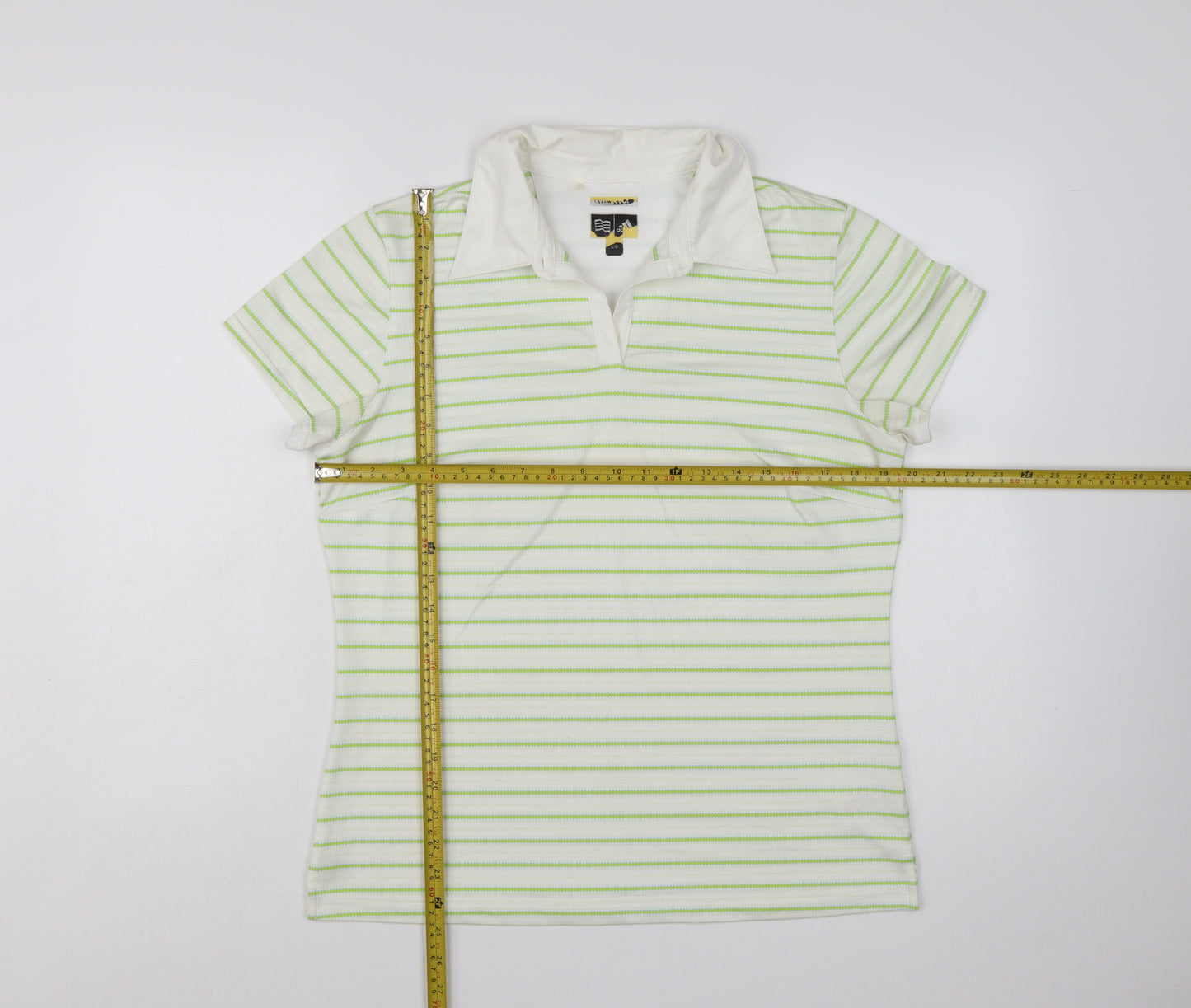 Adidas Womens White Green Striped Polo Shirt Size L ClimaCool