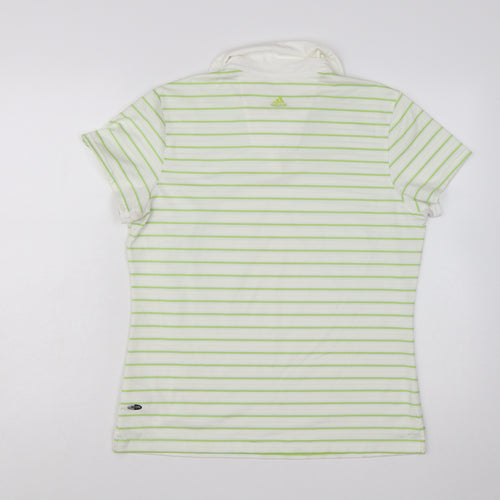 Adidas Womens White Green Striped Polo Shirt Size L ClimaCool