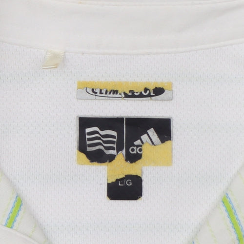 Adidas Womens White Green Striped Polo Shirt Size L ClimaCool