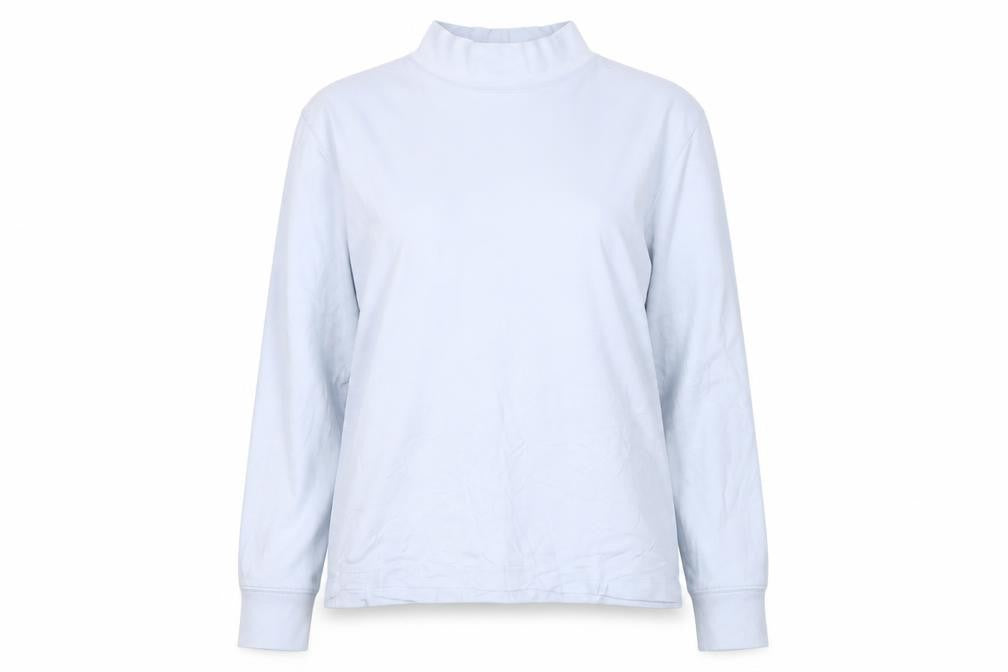 Front view of Lands' End Women's Blue Mock Neck Long Sleeve Cotton Top M