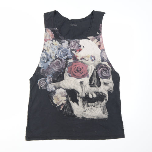 AllSaints Womens Black Skull Floral Tank Top 2XL Gothic Rock Vest