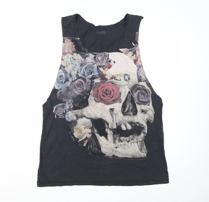 AllSaints Womens Black Skull Floral Tank Top 2XL Gothic Rock Vest