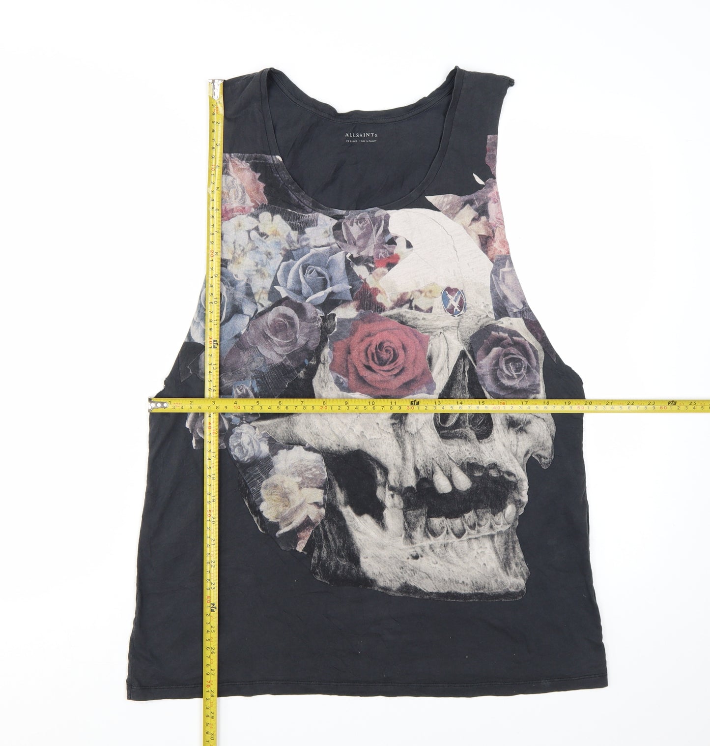 AllSaints Womens Black Skull Floral Tank Top 2XL Gothic Rock Vest
