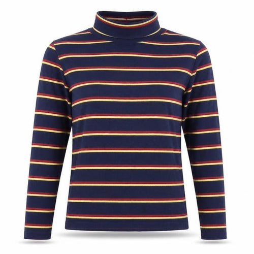 Pop England Women's Blue Striped Roll Neck Long Sleeve Cotton Top Size S