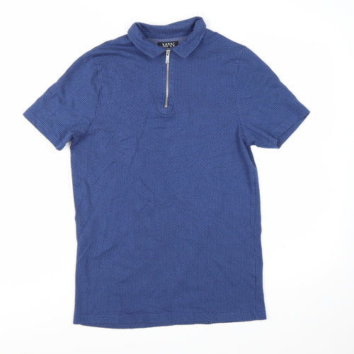 BoohooMAN Men's Blue Short Sleeve Polo Shirt Size S Zip Collar