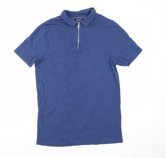 BoohooMAN Men's Blue Short Sleeve Polo Shirt Size S Zip Collar