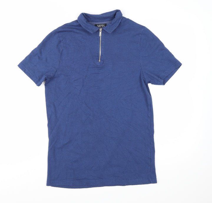 BoohooMAN Men's Blue Short Sleeve Polo Shirt Size S Zip Collar