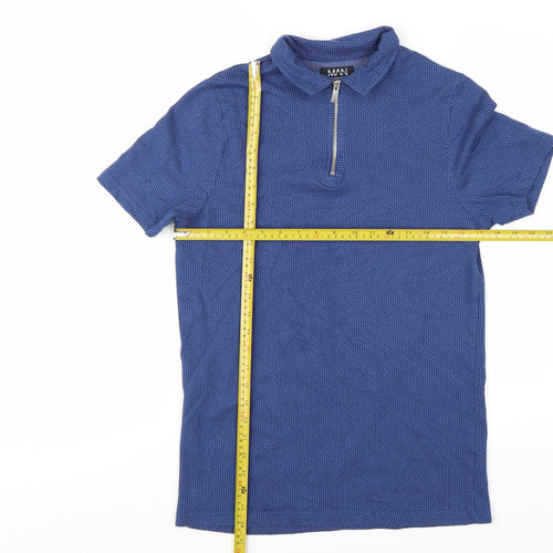 BoohooMAN Men's Blue Short Sleeve Polo Shirt Size S Zip Collar