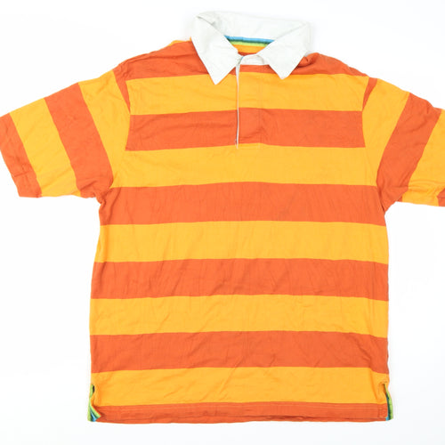 Marks and Spencer Men's Orange Striped Polo Shirt Medium