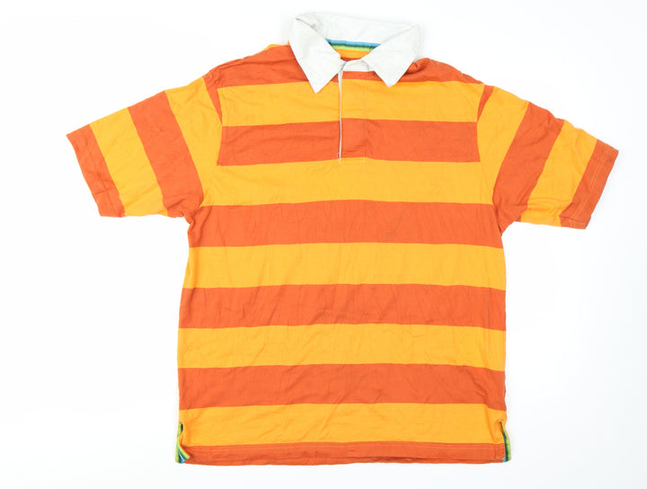 Marks and Spencer Men's Orange Striped Polo Shirt Medium
