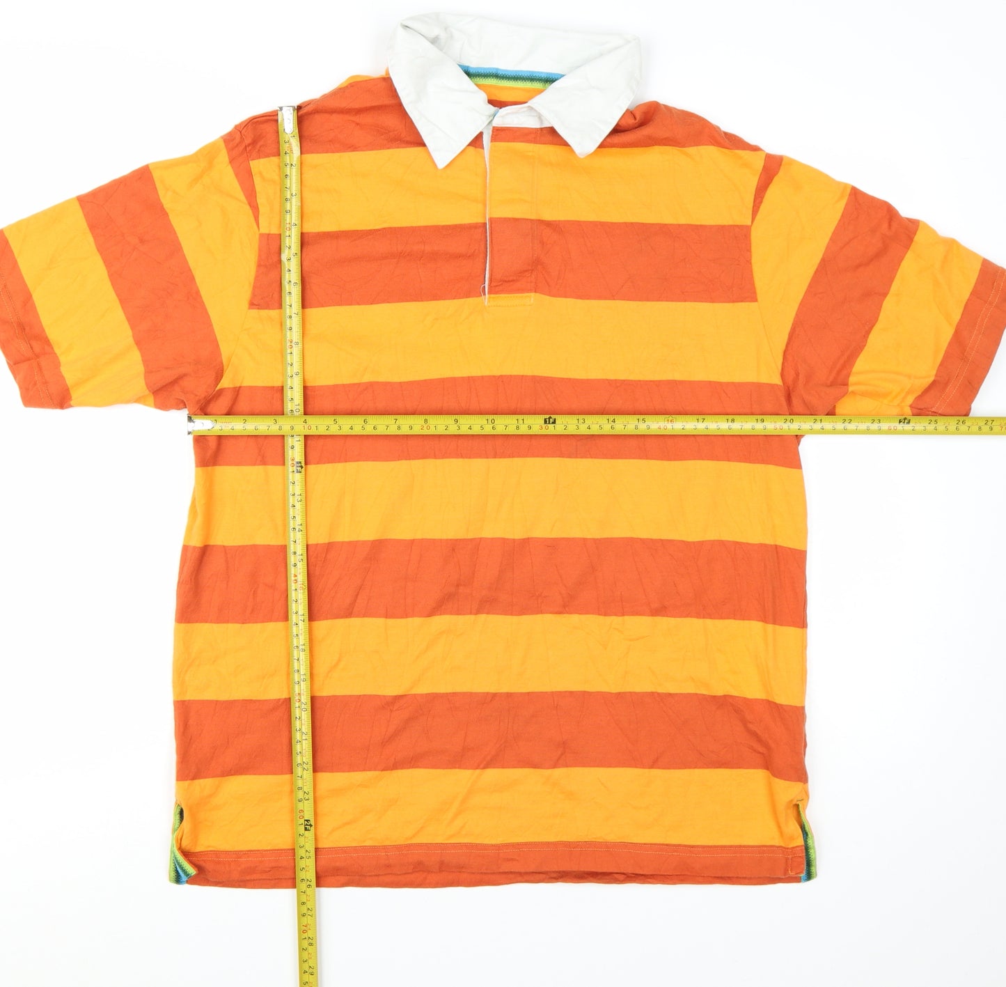 Marks and Spencer Men's Orange Striped Polo Shirt Medium