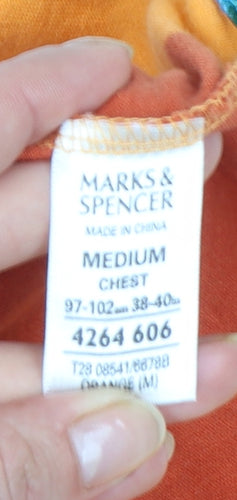 Marks and Spencer Men's Orange Striped Polo Shirt Medium