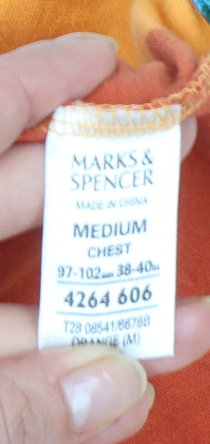 Marks and Spencer Men's Orange Striped Polo Shirt Medium