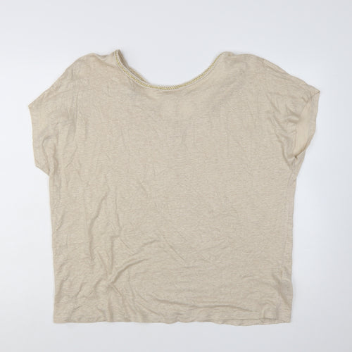 Monsoon Women's Beige Linen Crochet Neck Short Sleeve Top XL