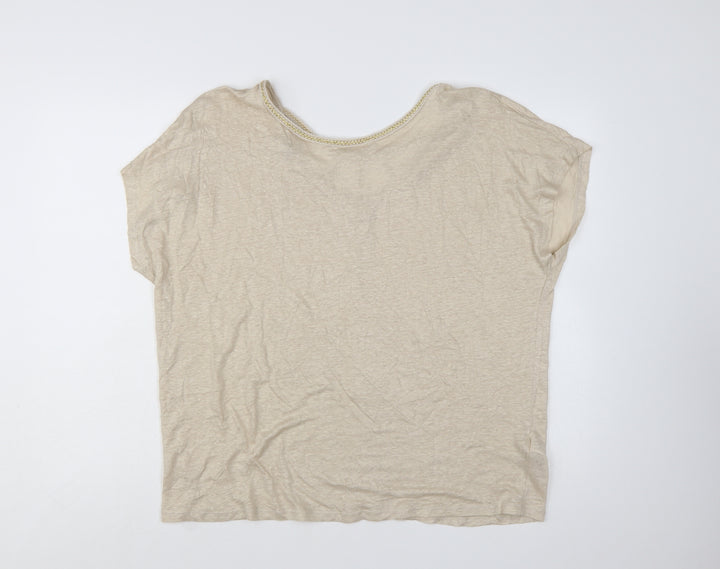 Monsoon Women's Beige Linen Crochet Neck Short Sleeve Top XL