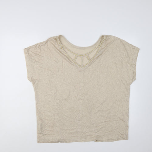 Monsoon Women's Beige Linen Crochet Neck Short Sleeve Top XL