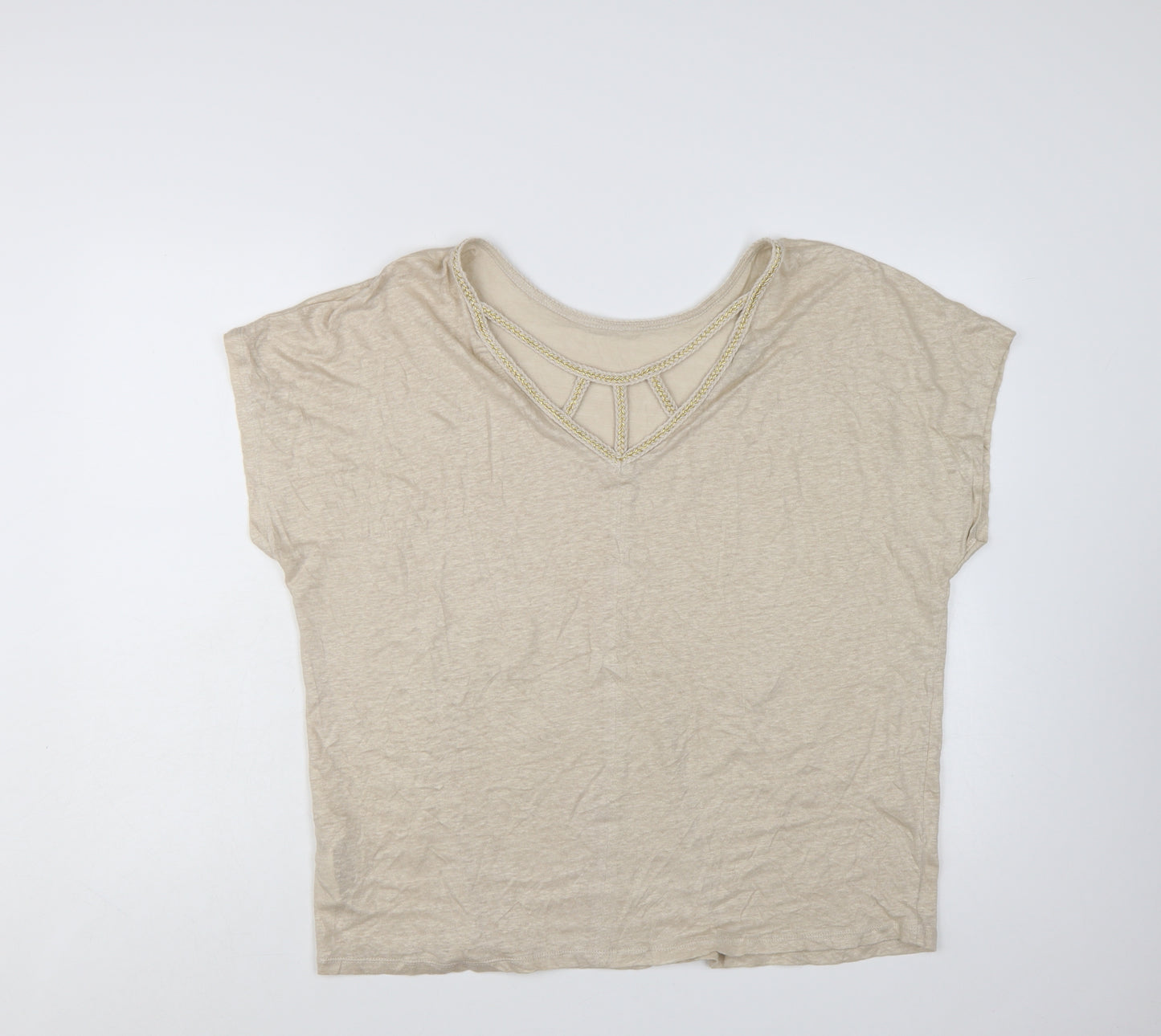 Monsoon Women's Beige Linen Crochet Neck Short Sleeve Top XL