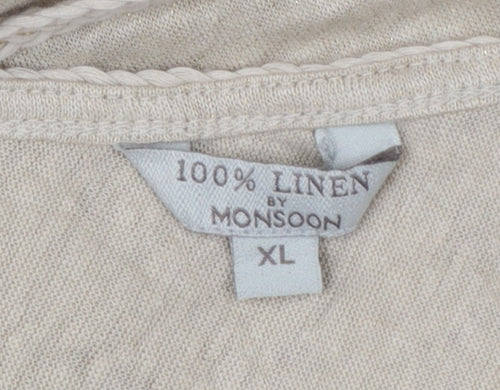 Monsoon Women's Beige Linen Crochet Neck Short Sleeve Top XL