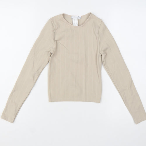Stradivarius Women Beige Slim Fit Long Sleeve Basic Knit Top Size S