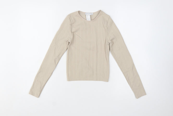 Stradivarius Women Beige Slim Fit Long Sleeve Basic Knit Top Size S