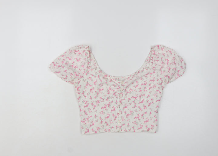 Hollister Women White Floral Cropped Blouse S Lightweight Puff Sleeve