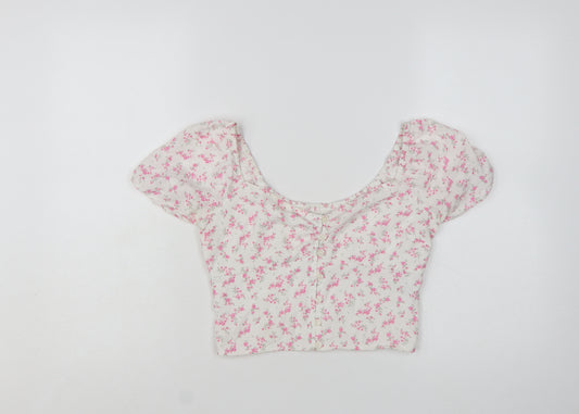 Hollister Women White Floral Cropped Blouse S Lightweight Puff Sleeve