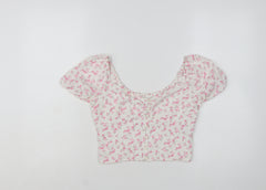 Hollister Women White Floral Cropped Blouse S Lightweight Puff Sleeve