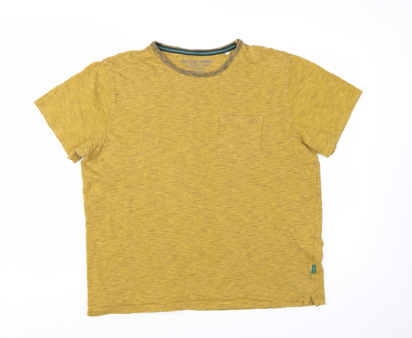 Racing Green Men's Yellow Striped Cotton Crew Neck T-Shirt Size L