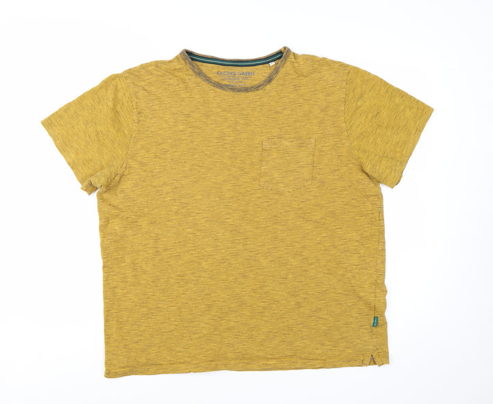 Racing Green Men's Yellow Striped Cotton Crew Neck T-Shirt Size L