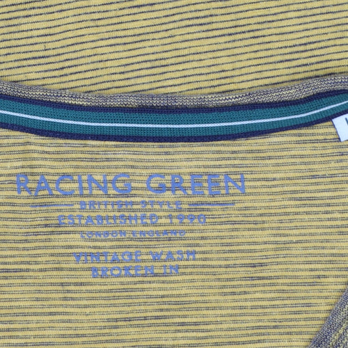 Racing Green Men's Yellow Striped Cotton Crew Neck T-Shirt Size L