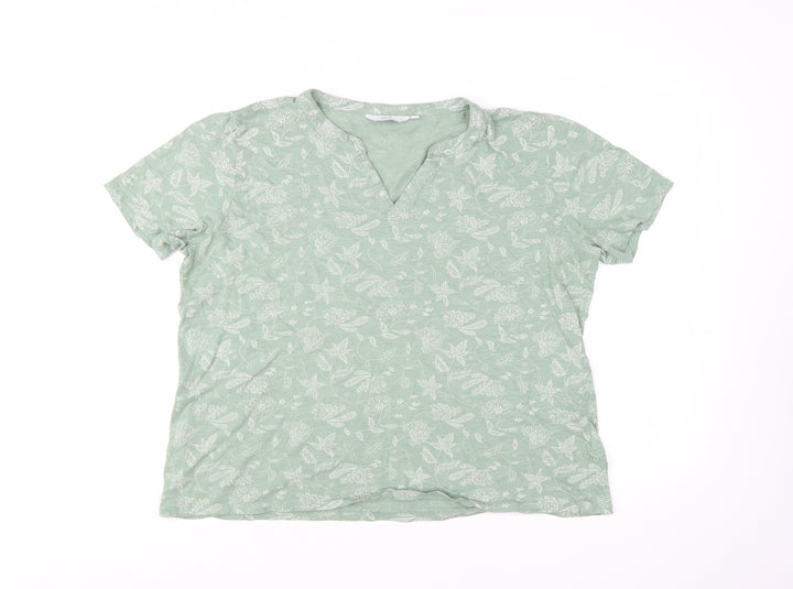 Isle Women's Green Floral Cotton V-Neck Short Sleeve T-Shirt Size 18