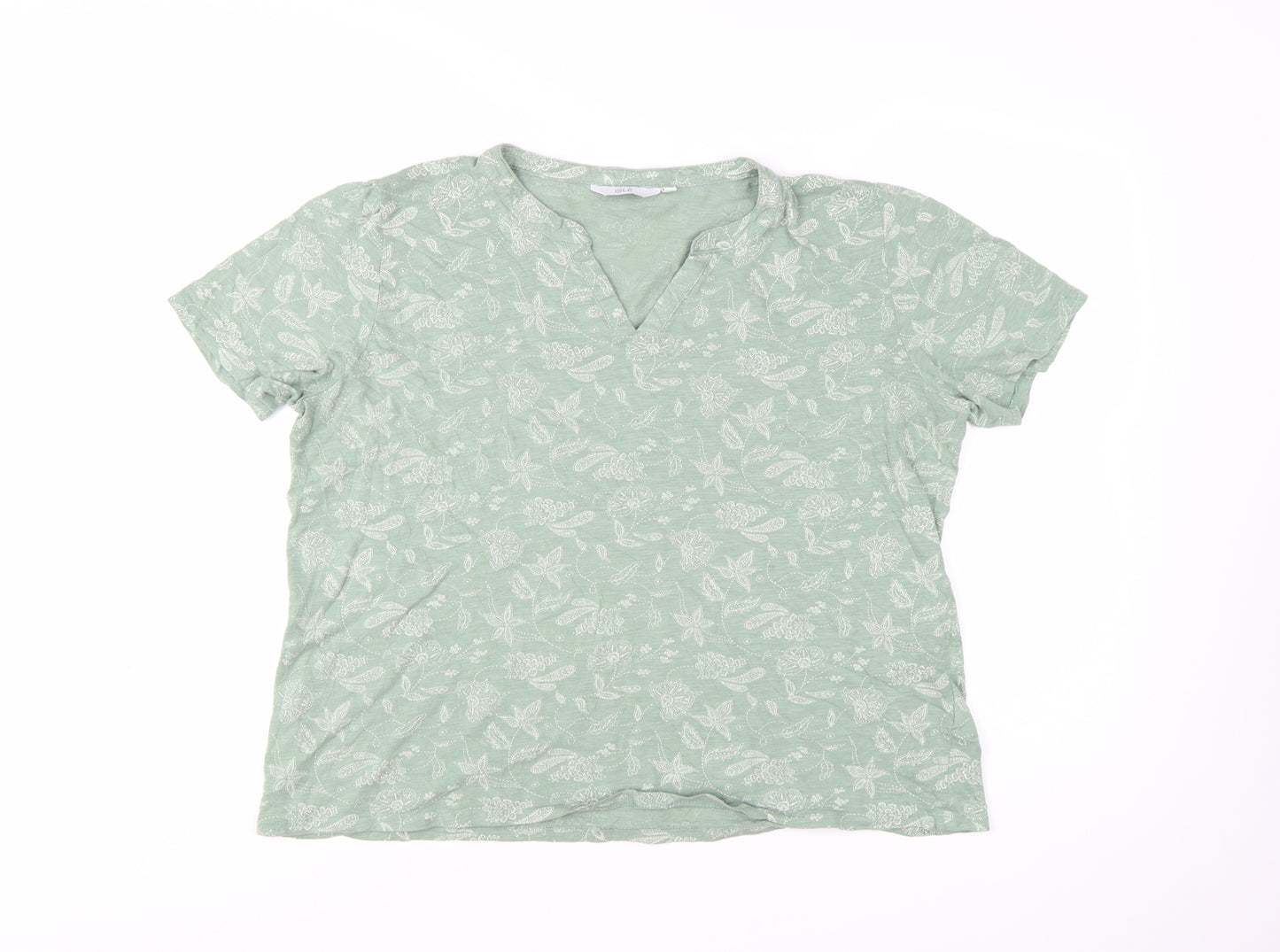Isle Women's Green Floral Cotton V-Neck Short Sleeve T-Shirt Size 18
