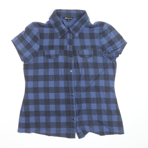 Internacionale Women's Blue Check Short Sleeve Button-Up Shirt Size 14
