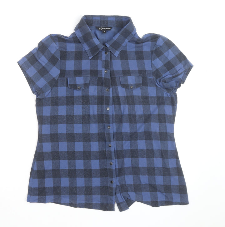 Internacionale Women's Blue Check Short Sleeve Button-Up Shirt Size 14