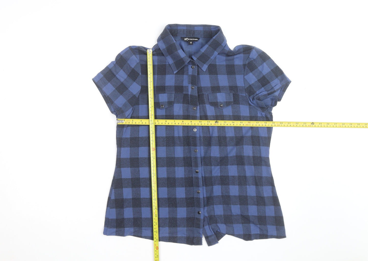 Internacionale Women's Blue Check Short Sleeve Button-Up Shirt Size 14