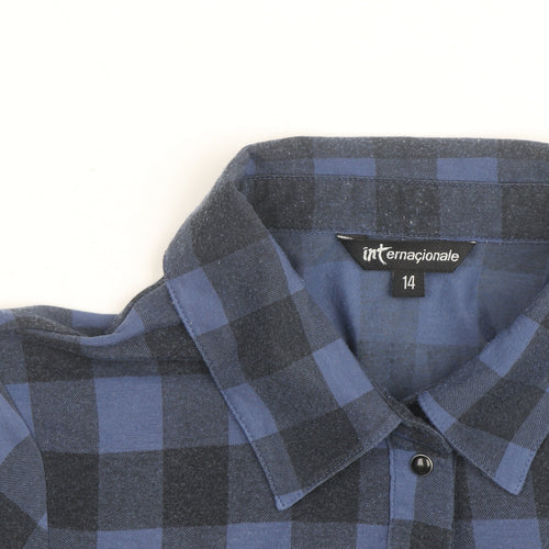 Internacionale Women's Blue Check Short Sleeve Button-Up Shirt Size 14