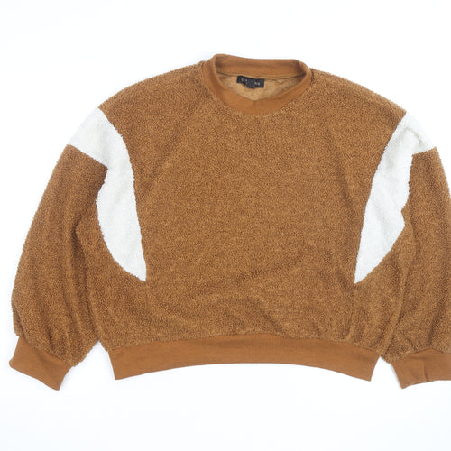 QED London Men's Brown Crew Neck Fleece Jumper M/L Relaxed Fit