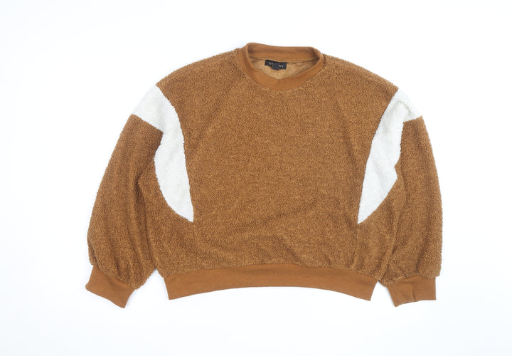 QED London Men's Brown Crew Neck Fleece Jumper M/L Relaxed Fit