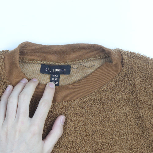 QED London Men's Brown Crew Neck Fleece Jumper M/L Relaxed Fit
