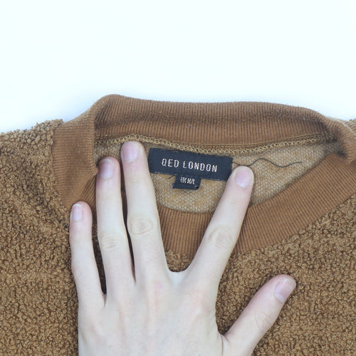 QED London Men's Brown Crew Neck Fleece Jumper M/L Relaxed Fit