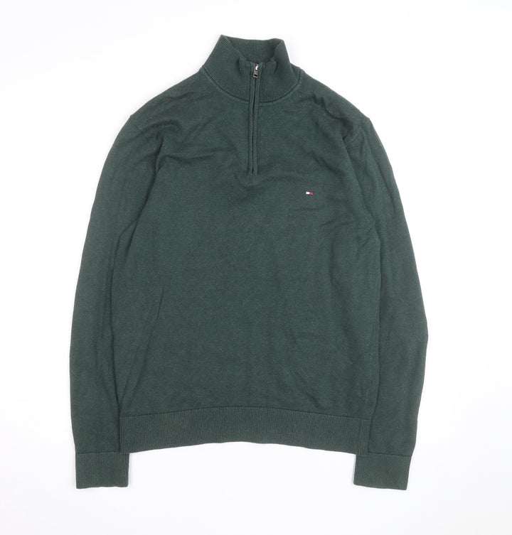 Tommy Hilfiger Men Green High Neck 1/2 Zip Cotton Jumper M